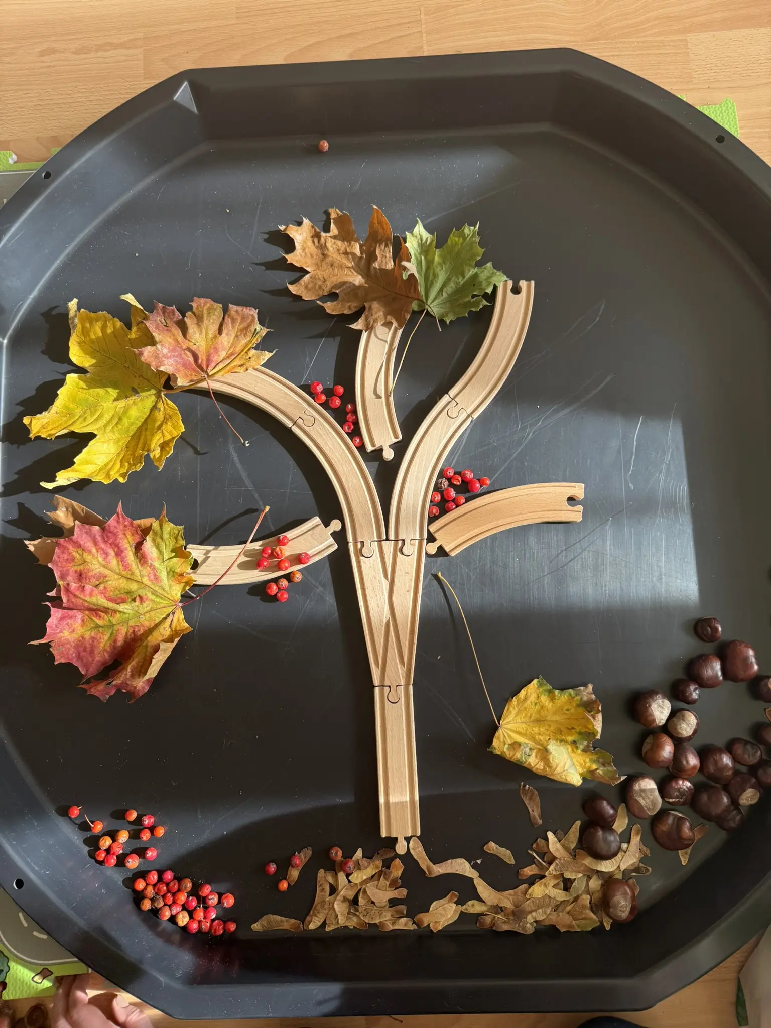 Aus hölzernen Spielzeugschienen, Blättern und Nüssen entsteht Schritt für Schritt ein Baum