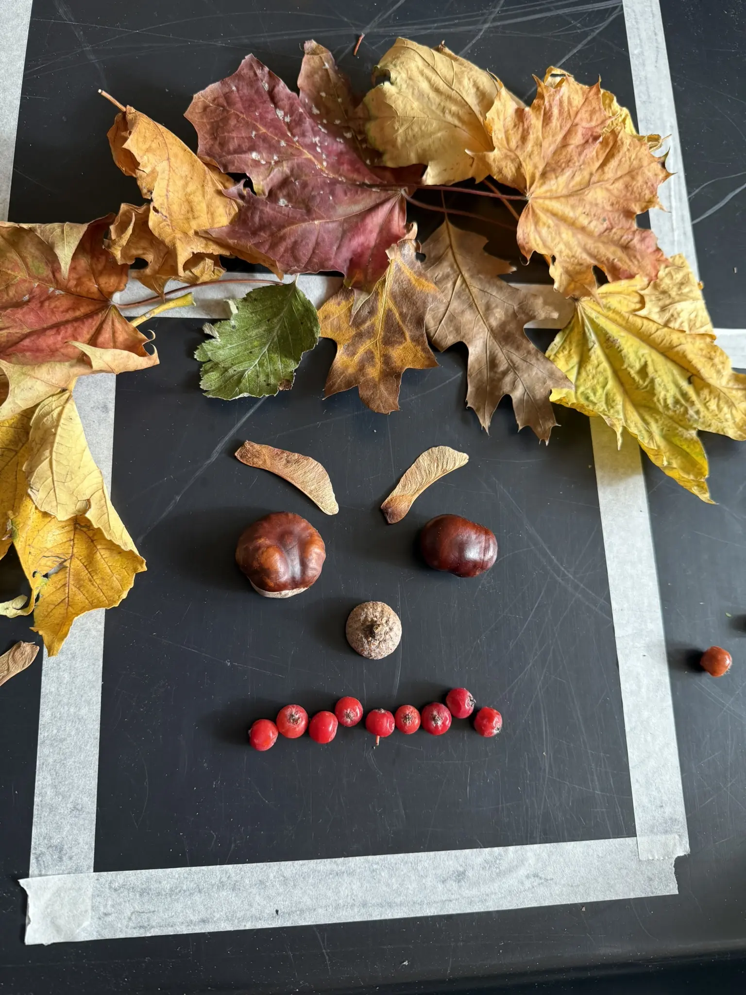 Kinder legen aus Herbstmaterialien Gesichter in verschiedenen Stimmungen