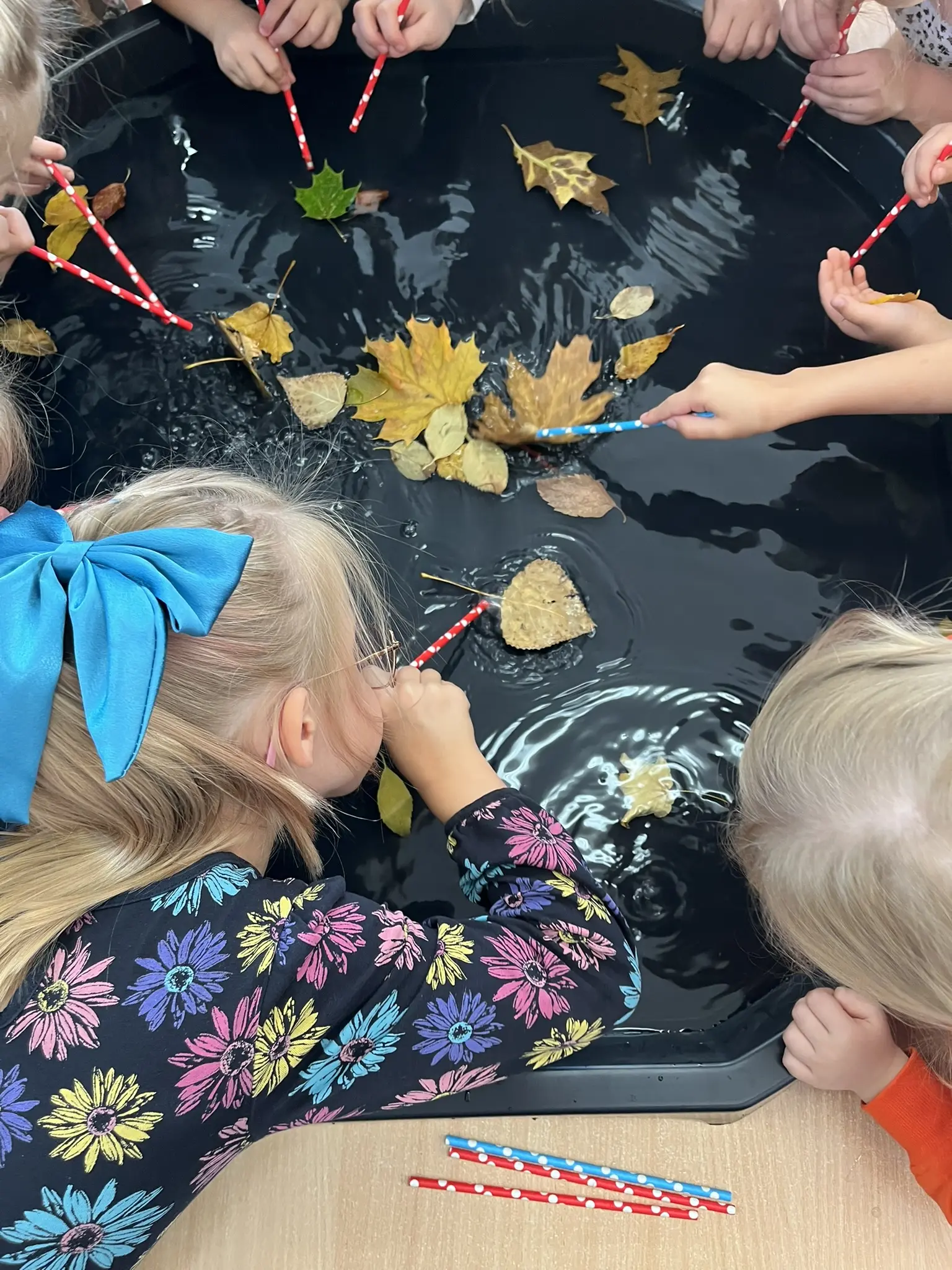 Kinder pusten Laubblätter mit Strohhalmen auf dem Wasser hin und her