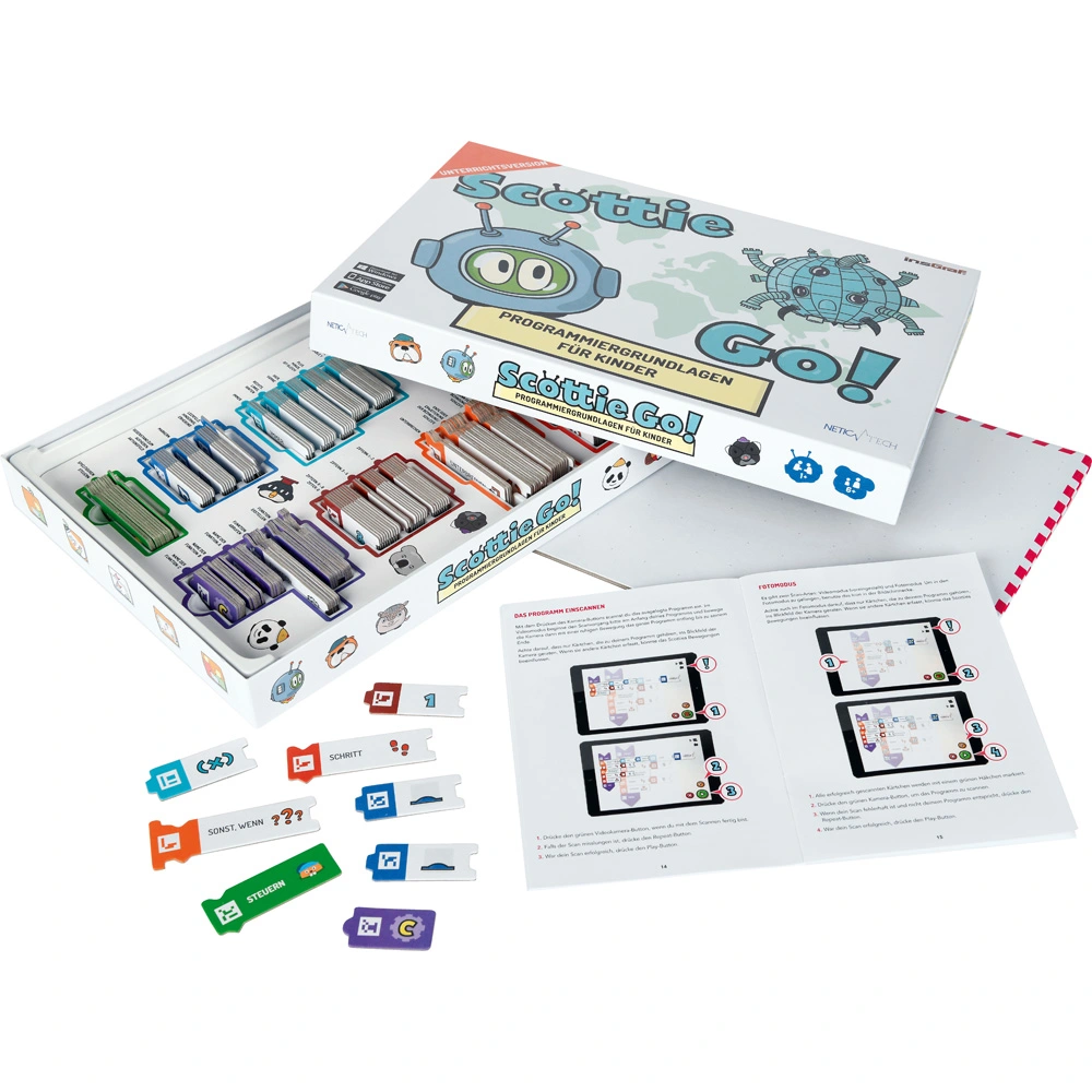 Das interaktive Lernspiel Scottie Go! EDU mit Verpackung, Befehlskarten und Unterlage