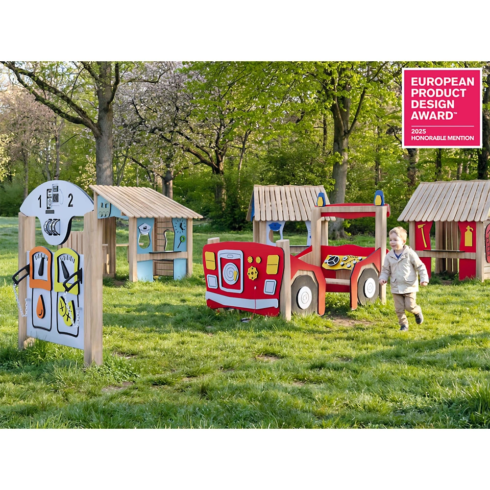 Robinio Playtown bietet vielseitige Spielhäuschen: Feuerwache, Krankenhaus, Tankstelle und vieles mehr